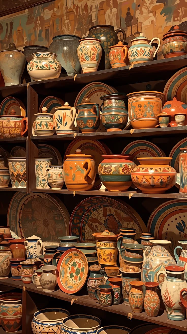 Shelves of glazed and painted terracotta pottery of the kind produced in the Fustat pottery quarter, Old Cairo