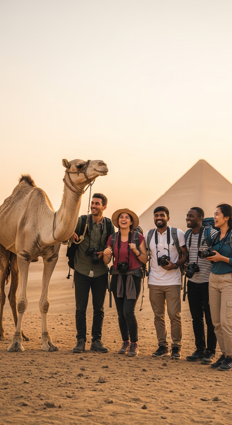The pyramids of Giza rising above the desert at dusk